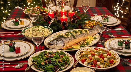 Festive Holiday Dinner Table with Seafood and Vegetables Decorated for Celebration.