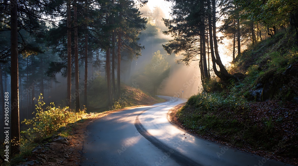 Fototapeta premium Misty Autumn Forest Road at Sunrise with Golden Leaves, Scenic Rural Landscape Path Through Trees and Foggy Morning Nature Woods