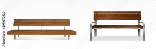 Obraz na płótnie Wooden park benches with backrest, 3d realistic vector illustration isolated on transparent background, front view