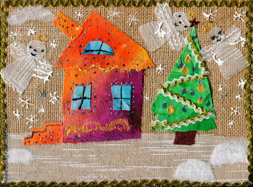 A child's drawing of a house, a Christmas tree, and flying angels.