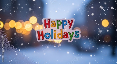 Festive Holiday Season Celebration with Colorful Sign and Snowfall.