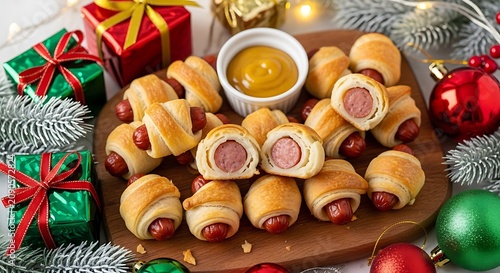 Festive Holiday Party Appetizer Tray with Blended Meat and Cheese Snails with Egg Dipping Sauce and Christmas Decorations.