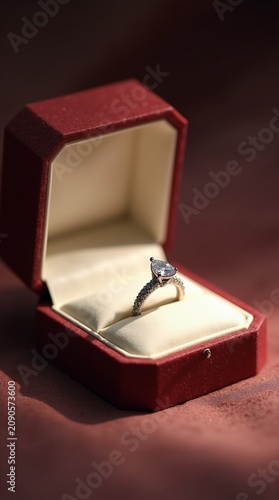A luxury jewelry box lined with ivory satin opens to reveal a custom engagement ring with a pear-cut diamond. Soft ring light creates even illumination with no harsh shadows. Background is a blurred v