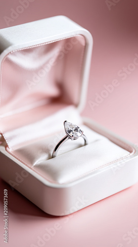 A luxury jewelry box lined with ivory satin opens to reveal a custom engagement ring with a pear-cut diamond. Soft ring light creates even illumination with no harsh shadows. Background is a blurred v