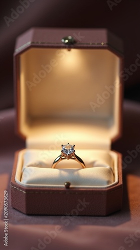 A luxury jewelry box lined with ivory satin opens to reveal a custom engagement ring with a pear-cut diamond. Soft ring light creates even illumination with no harsh shadows. Background is a blurred v