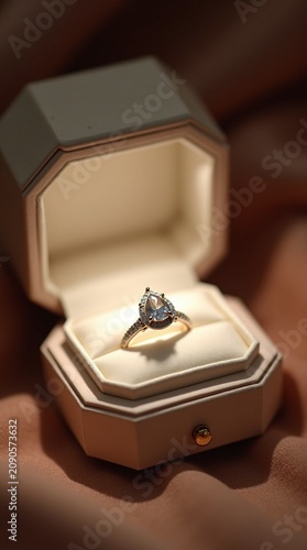 A luxury jewelry box lined with ivory satin opens to reveal a custom engagement ring with a pear-cut diamond. Soft ring light creates even illumination with no harsh shadows. Background is a blurred v