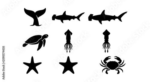 Photography Ocean Wildlife Silhouette Icons Set: Whale Tail, Hammerhead Sharks, Sea Turtle,