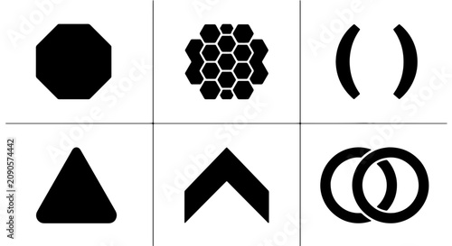 Geometric Shapes Collection: Octagon, Hexagons, Brackets, Triangle, Chevron, Rings, Abstract Icons, Vector Graphics, Black and White Design Elements