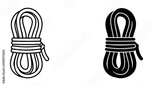 Fotografie Coiled Rope Icons: Two simple graphic icons depict a tightly coiled rope, one in outline and the other as a solid silhouette, representing strength and utility