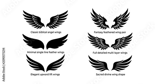 Photos Set of 6 Black Feathered Wing Icons, Angelic and Fantasy Designs, Vector Graphic