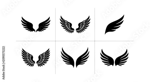 Schilderij op canvas Six Vector Wing Icons, Angelic and Feathered Designs, Black Silhouette Graphics