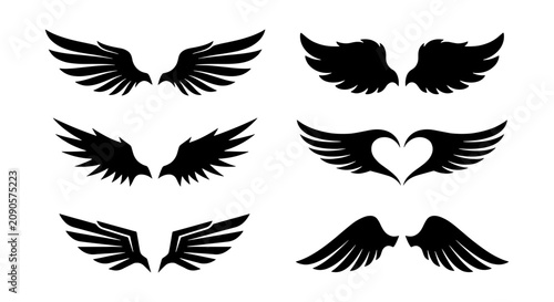 Konstfotografi Set of Six Black Wing Icons, Angelic Feathered Wings Collection, Stylized Herald