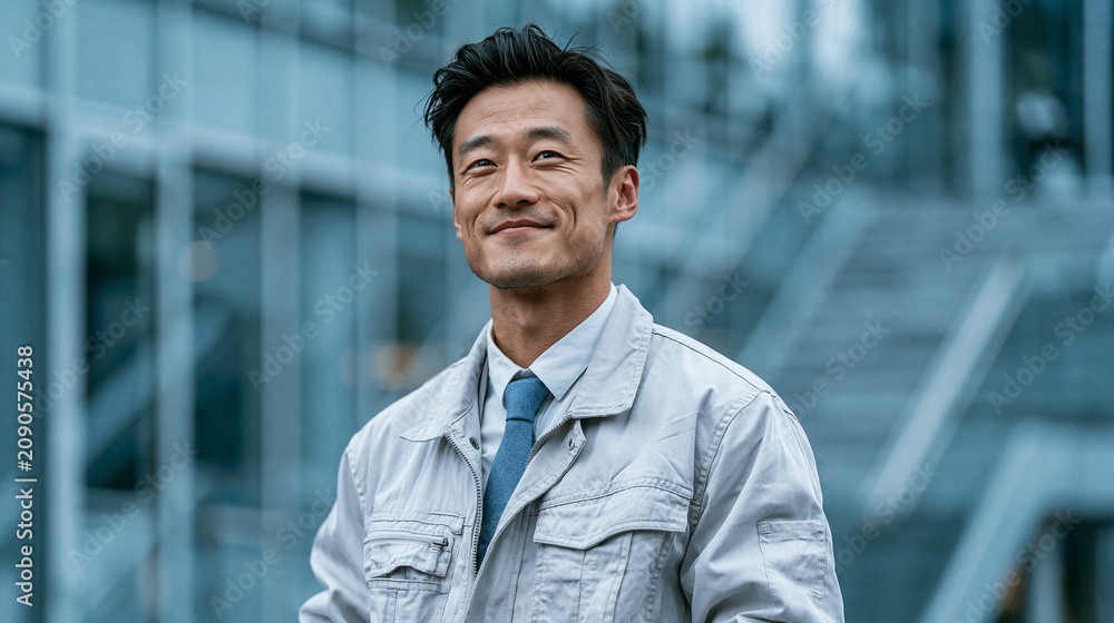 Obraz premium Asian businessman smiles confidently in front of a modern office building, his professional attire reflecting a sense of competence and success.