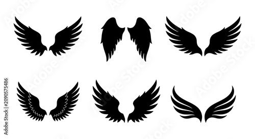 Set of Six Black Angel Wings Vector Icons, Diverse Feathered Wing Silhouettes for Spiritual and Design Projects, Graphic Elements
