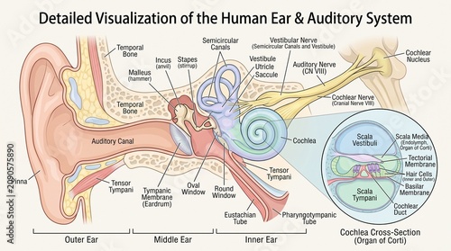 Obraz na płótnie Detailed Anatomical Diagram of the Human Ear and Auditory System with Cochlea Cr