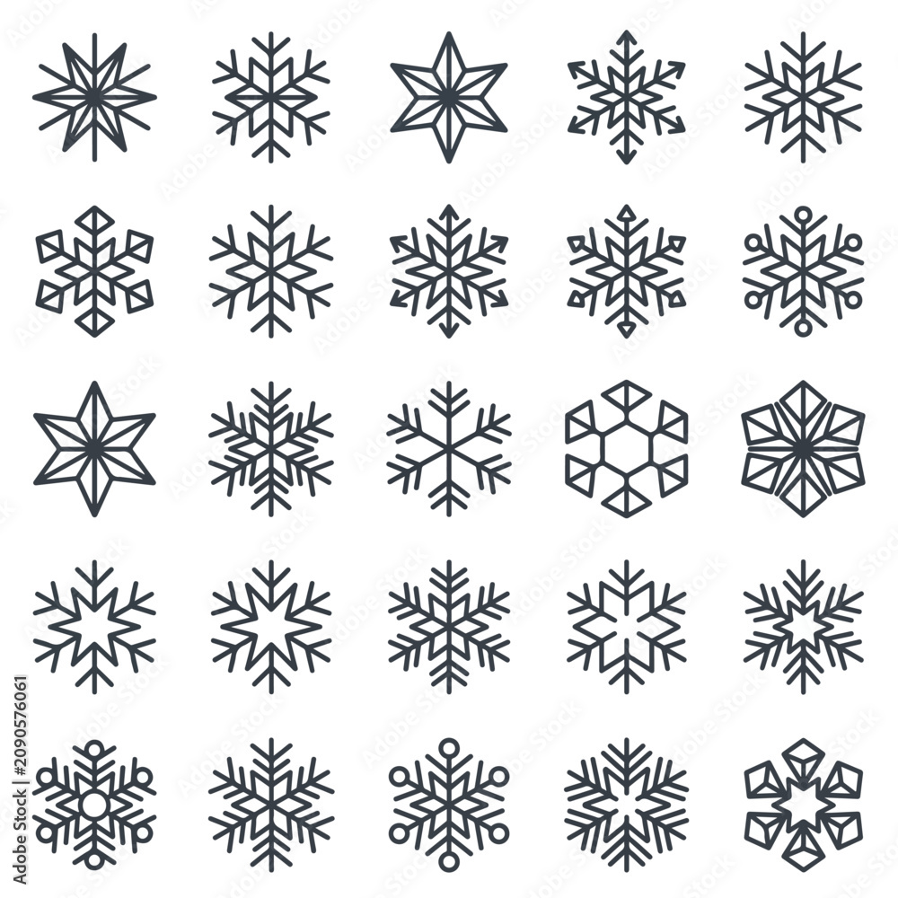 Obraz premium Collection of unique black snowflakes on white background for winter design
