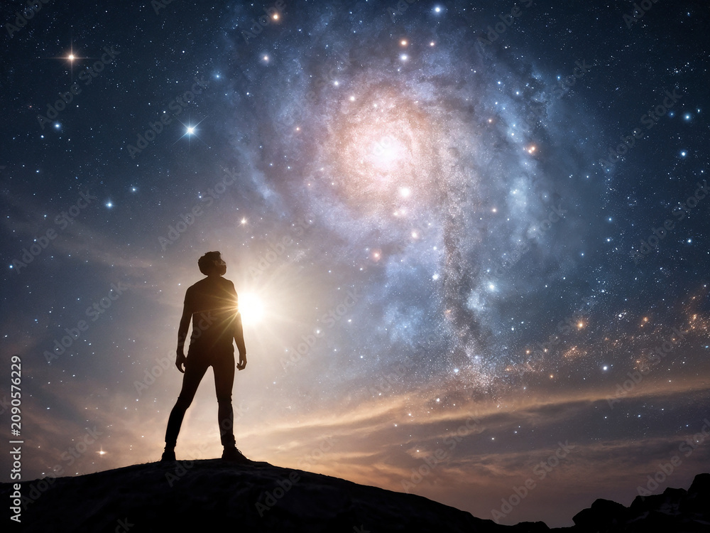 Fototapeta premium man against the backdrop of space, aspiration, contemplation, silhouette, cosmic,