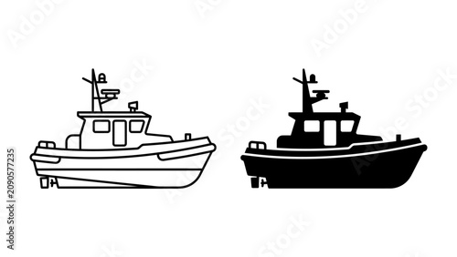 Foto Boat Outline and Silhouette: A line art illustration and a solid silhouette of a small, sturdy boat, possibly a tugboat or pilot boat, showcasing its distinct design