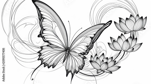 Beautiful butterfly with lotus flowers line art drawing illustration isolated on white background