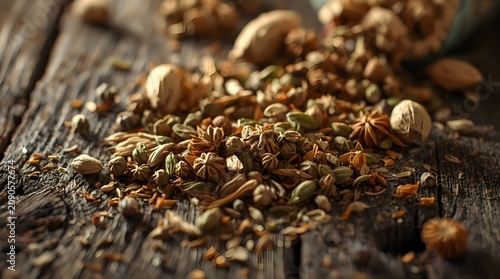 Close-up of various spices on a wooden table