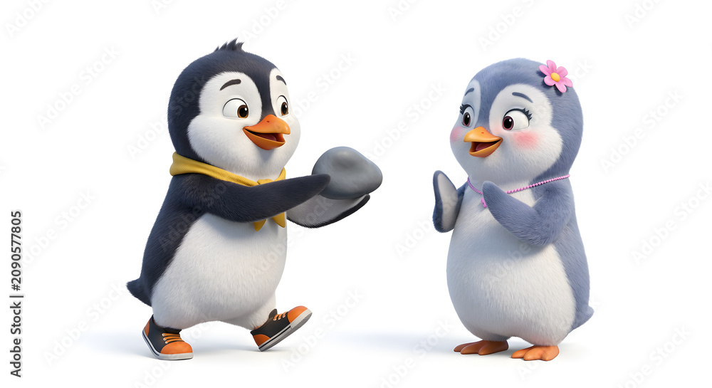 Obraz premium Two Cute Baby Penguins Interacting on White Background