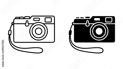 Foto Compact Camera Icon: A clean vector illustration depicting a compact digital camera with a strap, presented in both outline and solid black versions
