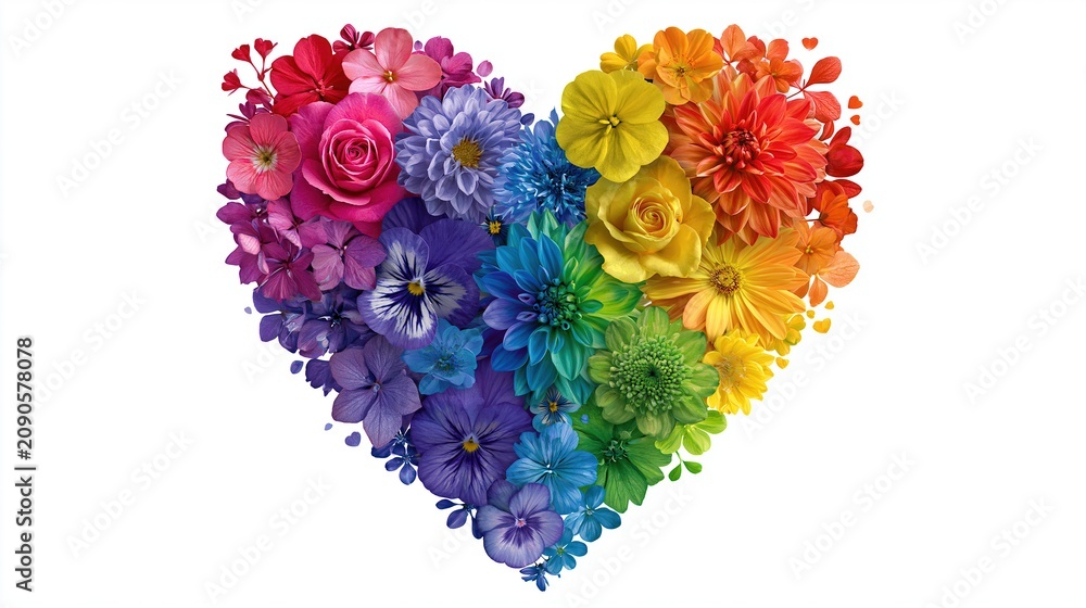 Obraz premium Vibrant Rainbow Heart Shape Formed by a Medley of Diverse Fresh Flowers on White Background