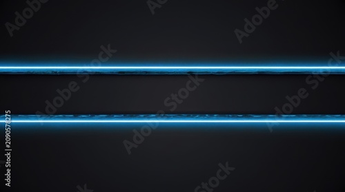 Two horizontal blue neon light lines glowing on a dark black background isolated on white background