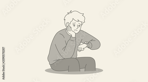 Schilderij op canvas Bored man checking wristwatch during long wait vector illustration