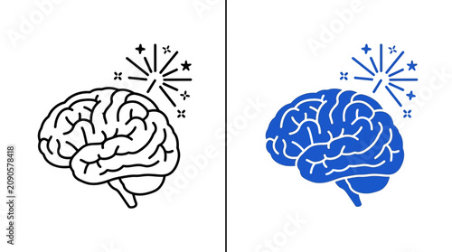 Two stylized brain icons with spark symbols representing creativity and intelligence.