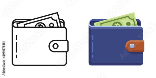 Schilderij op canvas Blue leather wallet containing bitcoin paper currency in linear outline and flat