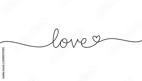 Elegant single line art calligraphy spelling out the word love and ending with a small delicate heart on white background.