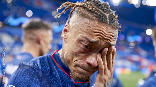 Heartbreak on the Field: A soccer player, overwhelmed by emotion, wipes away tears after a devastating loss, showcasing the raw intensity of competitive sports.