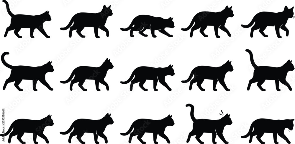 Obraz premium Walking Cat Silhouette Bundle Collection with Natural Feline Movement Poses Vector Set