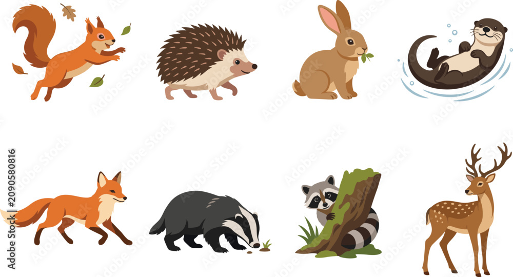 Fototapeta premium Woodland Forest Animals Collection with Squirrel Fox Deer Rabbit and Otter Vector Set