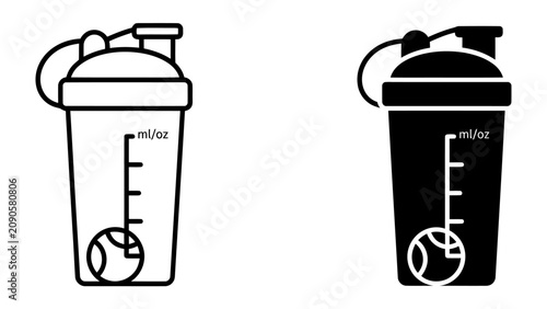 Foto Protein Shaker Icons: Two stylized icons representing a protein shaker bottle, one in outline and one in solid silhouette, ideal for fitness and nutrition graphics