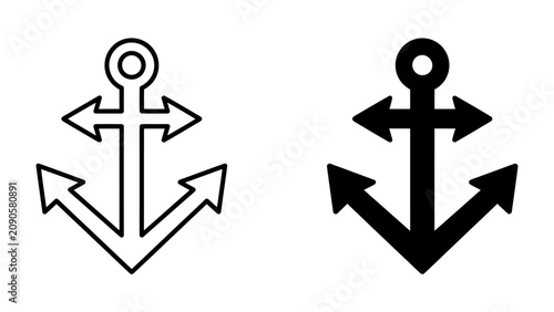 Konstfotografi Anchor Icon Set: A graphic representation of an anchor in two styles, a simple outline and a solid black silhouette, symbolizing stability and maritime journeys