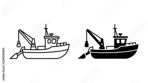 Принти на полотні Fishing Trawler Icon Set: A simple and clean icon set featuring a fishing trawler in both outline and solid black silhouette