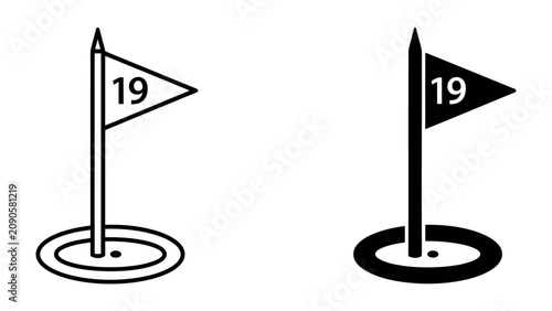 Cuadro en lienzo Golf Flag and Hole: Two stylized icons representing a golf flag with the number 19 on its pennant, set next to a golf hole