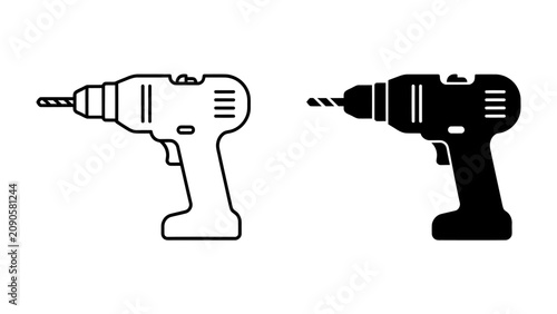 Obraz na płótnie Drill Icons: A set of minimalist icons representing a cordless power drill, shown in both an outline and silhouette style