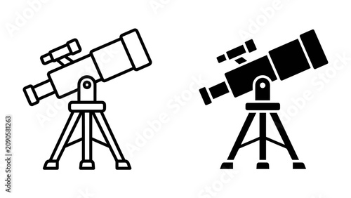 Foto Telescope Icon Set: Two stylized icons of a telescope on a tripod, one in outline and one in solid black, representing observation and exploration