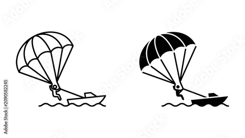 Foto Parachute towing a Boat: A minimalist illustration depicts a parachute skillfully maneuvering a small boat across calm waters, symbolizing unconventional transport and aquatic adventure