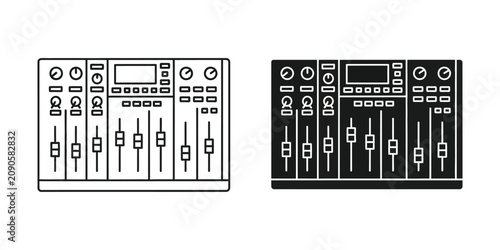 Obraz na płótnie Audio mixing console set featuring faders and knobs in outline and solid black s