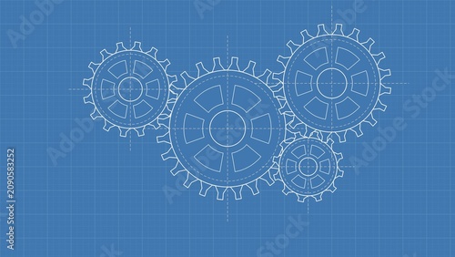 Technological blue background with white outlines of interlocking gears in the blueprint style. Engineering drawing of meshing gears on blue graph paper.