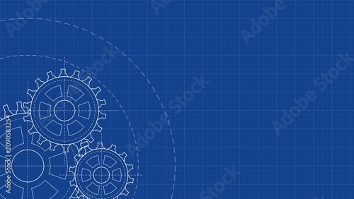 Technical blueprint with drafting gears. Blue industrial background with mechanism details and contours of gear wheels for engineering, technology, and business presentations.