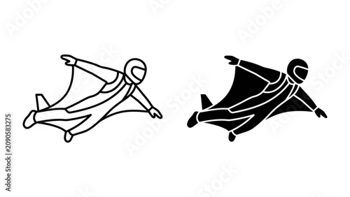 Photography Wingsuit Flying Icons: A set of minimalist icons depicting a person in a wingsuit mid-flight, showcasing the thrill of aerial adventure and extreme sports