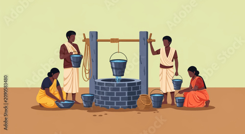 Vector illustration of South Asian villagers gathering water from a brick well with a pulley, featuring men and women in traditional clothing using metal buckets and earthen pots.