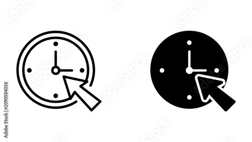 Obraz na plátne Clock and Cursor Icons: Two stylized icons, one outlined and one solid black, depict a clock face with a cursor arrow pointing to the hour hand, symbolizing time management and digital interaction
