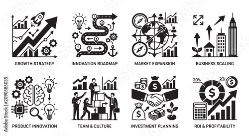 Premium monochrome startup business vector pack showing growth strategy concepts, innovation roadmap symbols, business scaling elements, investment planning icons, isolated white background, luxury