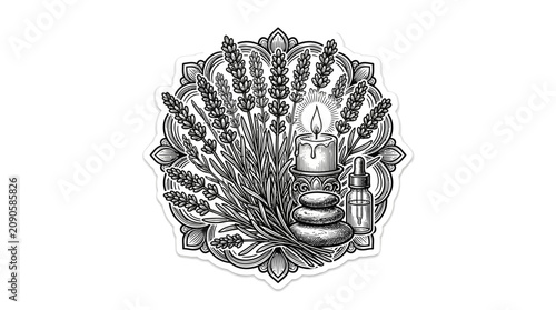 Photography Lavender spa wellness items with candle and stones.